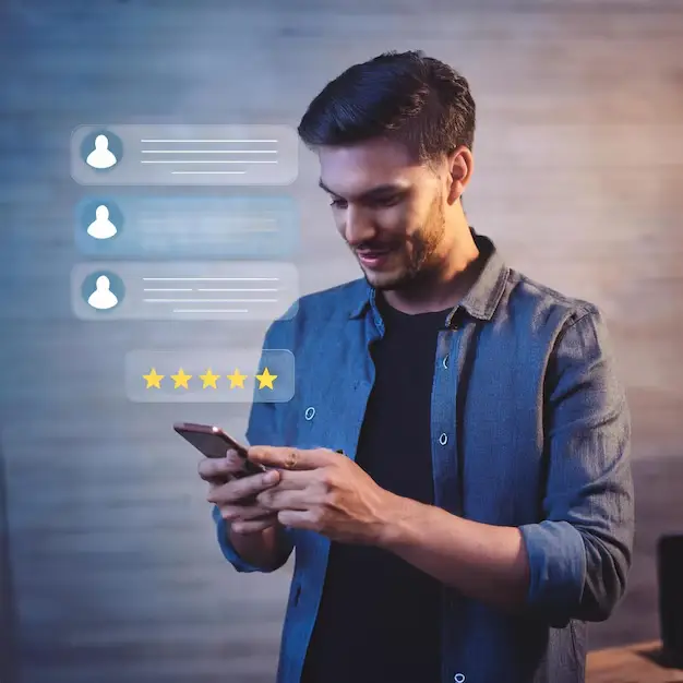 man is looking his phone with yellow stars screen